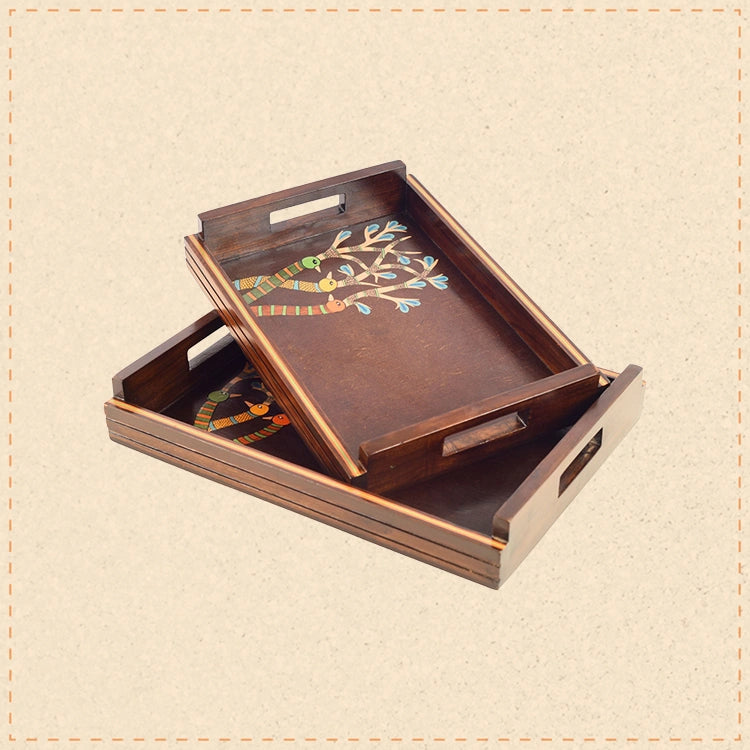 Chriping Birds Handcrafted Serving Tray Set of 2