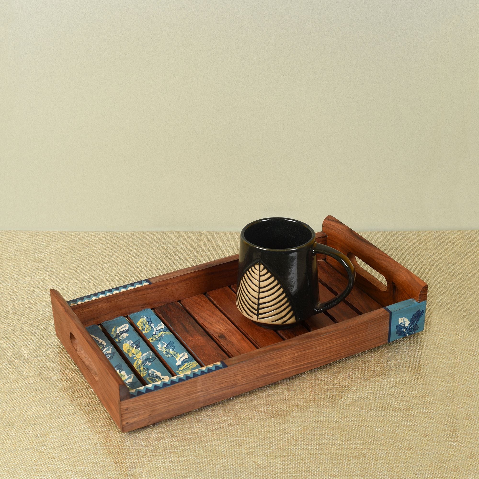 Tray Handpainted with Leaves Motifs Handcrafted in Sheesham Wood (137.2)