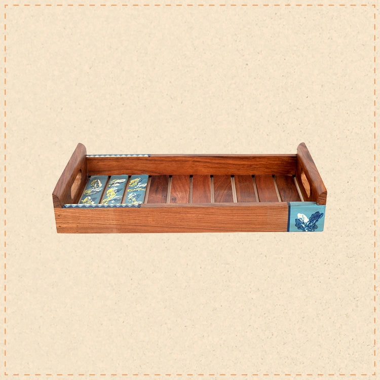 Tray Handpainted with Leaves Motifs Handcrafted in Sheesham Wood (137.2)
