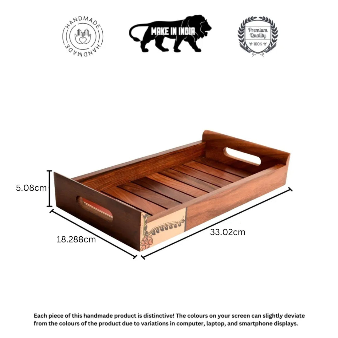 Tray Handpainted with Flower Motifs Handcrafted in Sheesham Wood (13x7.2")