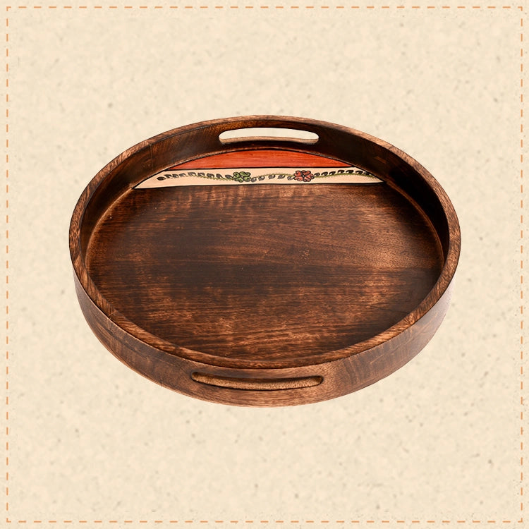 Tray Round shape Handpainted with Tribal Art Handcrafted in Mango Wood (14x14")
