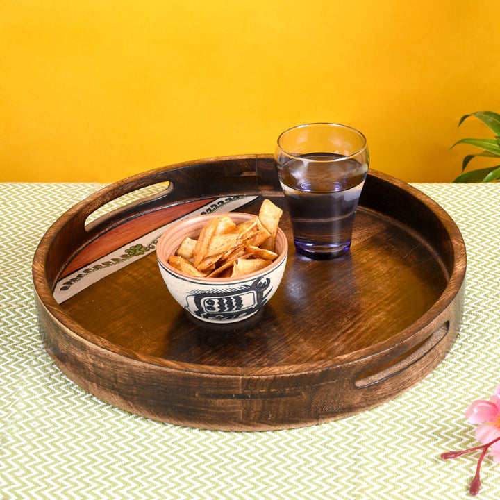 Tray Round shape Handpainted with Flower Motifs Handcrafted in Mango Wood (12x12")