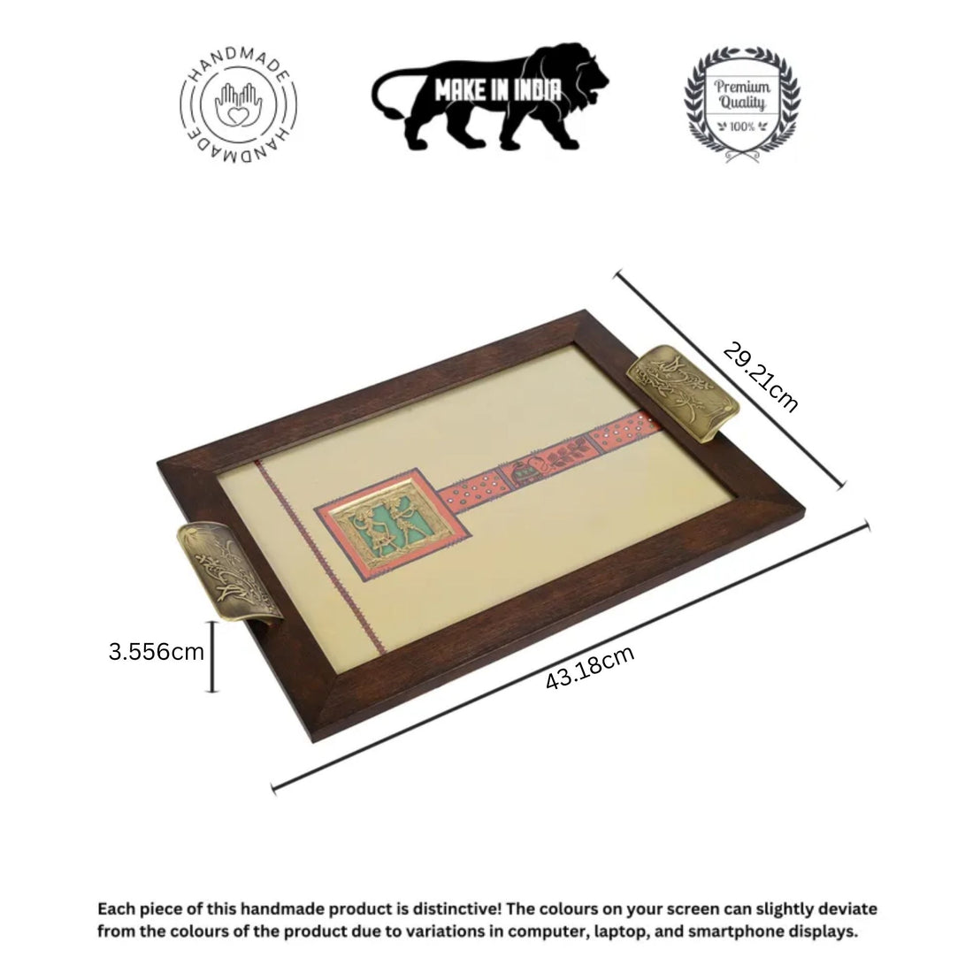 Wooden Rectangle Serving Tray with Brass Handles (17x12x1.4)