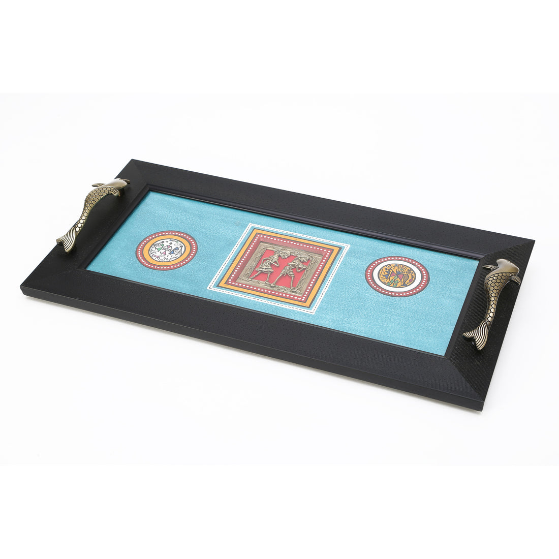 Tray handcrafted & framed with Dhokra motifs & Fish Handles, Blue (18x9)