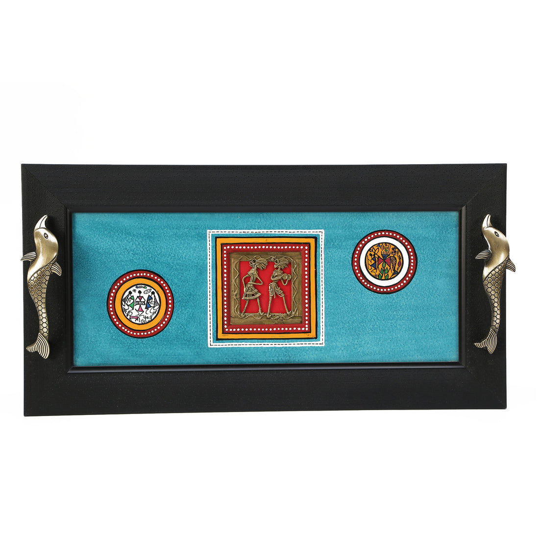 Tray handcrafted & framed with Dhokra motifs & Fish Handles, Blue (18x9)