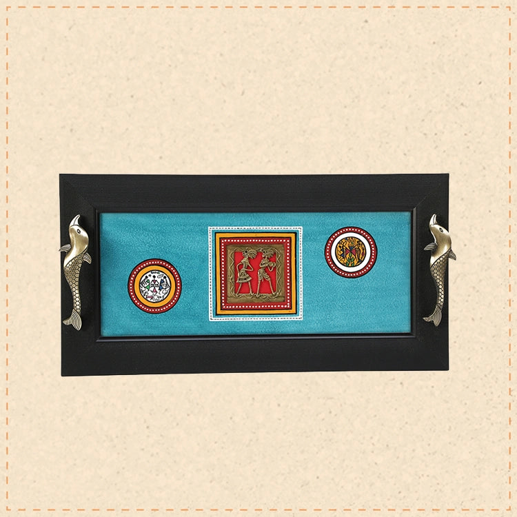 Tray handcrafted & framed with Dhokra motifs & Fish Handles, Blue (18x9)