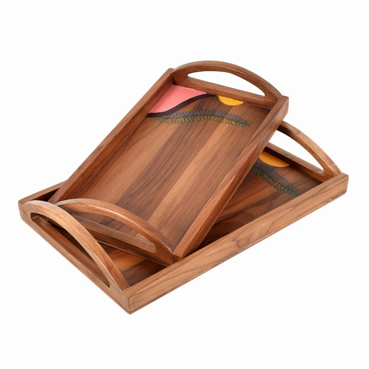 Teak arc serving tray SET OF 2 (s-15x9x3, l-17x11x3)