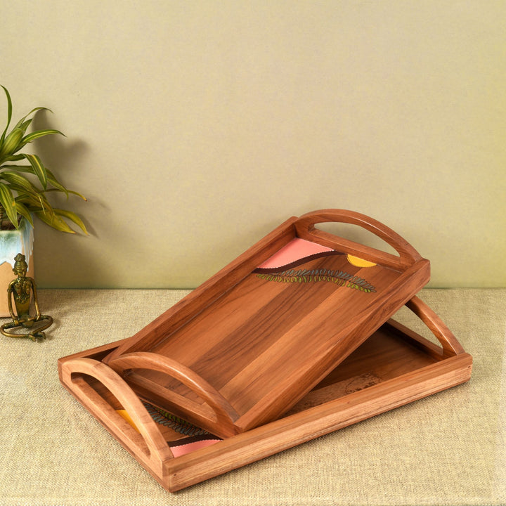 Teak arc serving tray SET OF 2 (s-15x9x3, l-17x11x3)