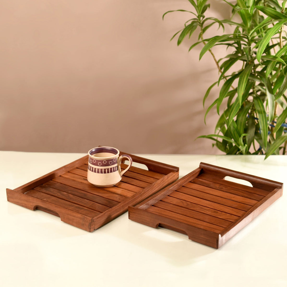 Aangan Slatted Mango Wood Serving Tray Set