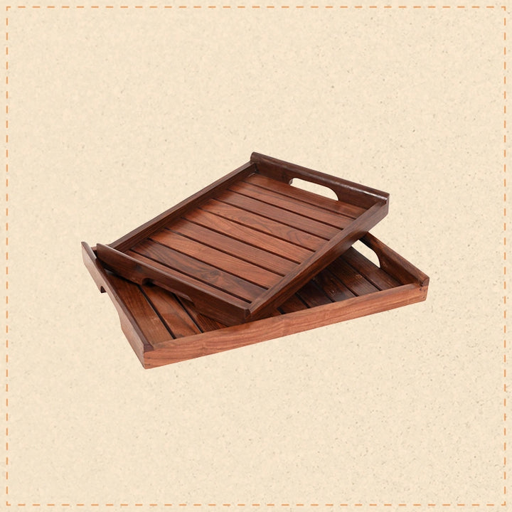 Aangan Slatted Sheesham Wood Serving Tray Set