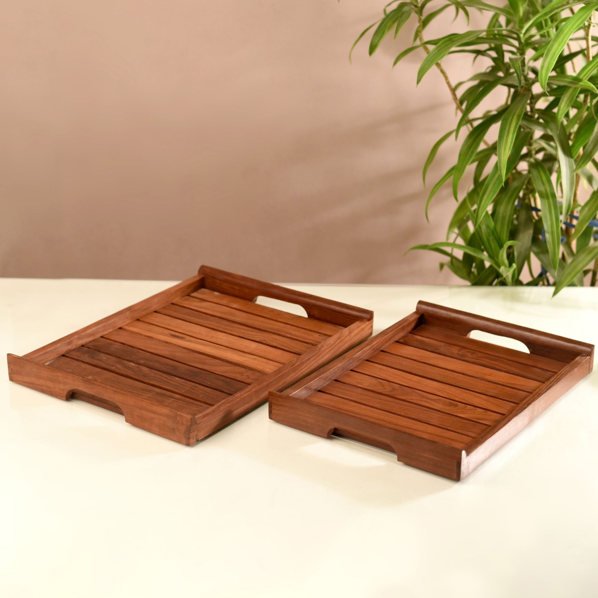 Aangan Slatted Mango Wood Serving Tray Set