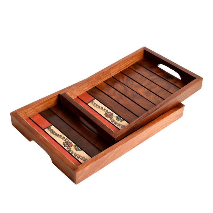 Trays with Flower Patterns Handcrafted in RoseWood (set of 2) (14x10/12x8.5")