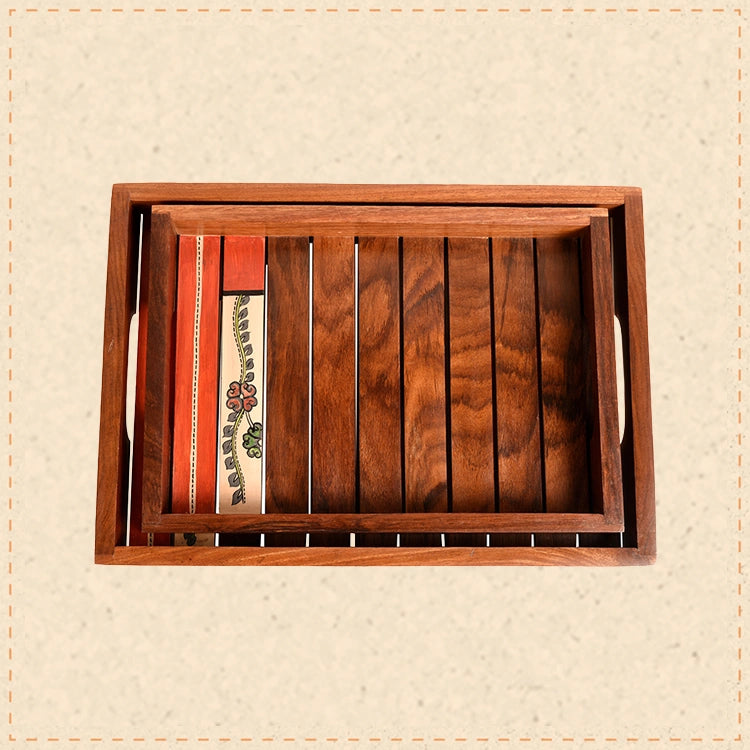 Trays with Flower Patterns Handcrafted in RoseWood (set of 2) (14x10/12x8.5")