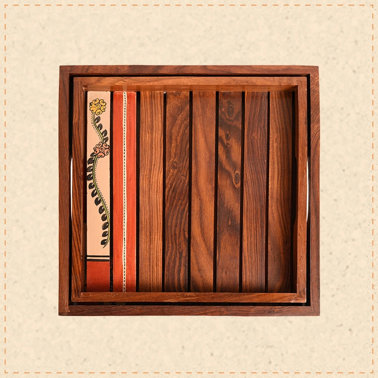 Trays with Tribal Art Handcrafted in RoseWood (set of 2) (12x12/10.6x10.6")