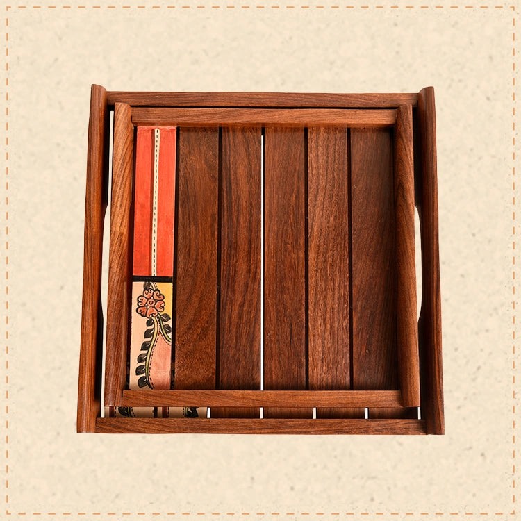 Trays with Folk Art Handcrafted in RoseWood (set of 2) (10x10/9x9")