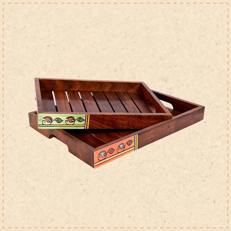 Trays with Madhubani Art Handcrafted in RoseWood (set of 2) (14x10/12x8.4")