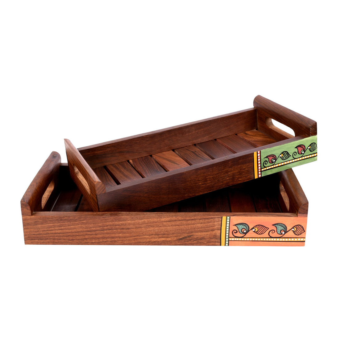 Trays with Madhubani Patterns Handcrafted in RoseWood (set of 2) (13x7/11.5x5.5")