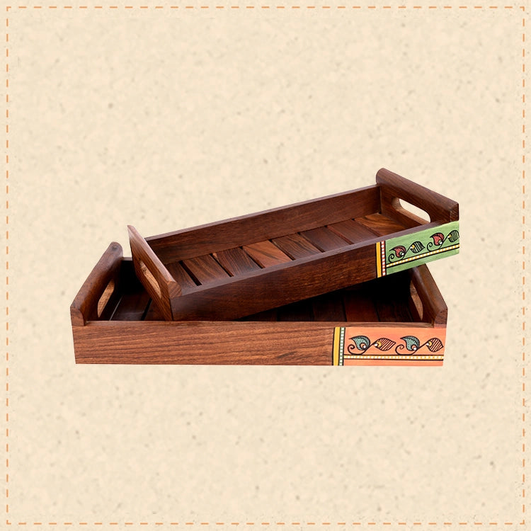 Trays with Madhubani Patterns Handcrafted in RoseWood (set of 2) (13x7/11.5x5.5")