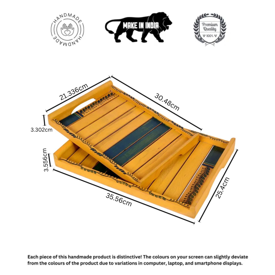 Trays in Yellow with Tribal Art Handcrafted in RoseWood (set of 2) (14x10/12x8")