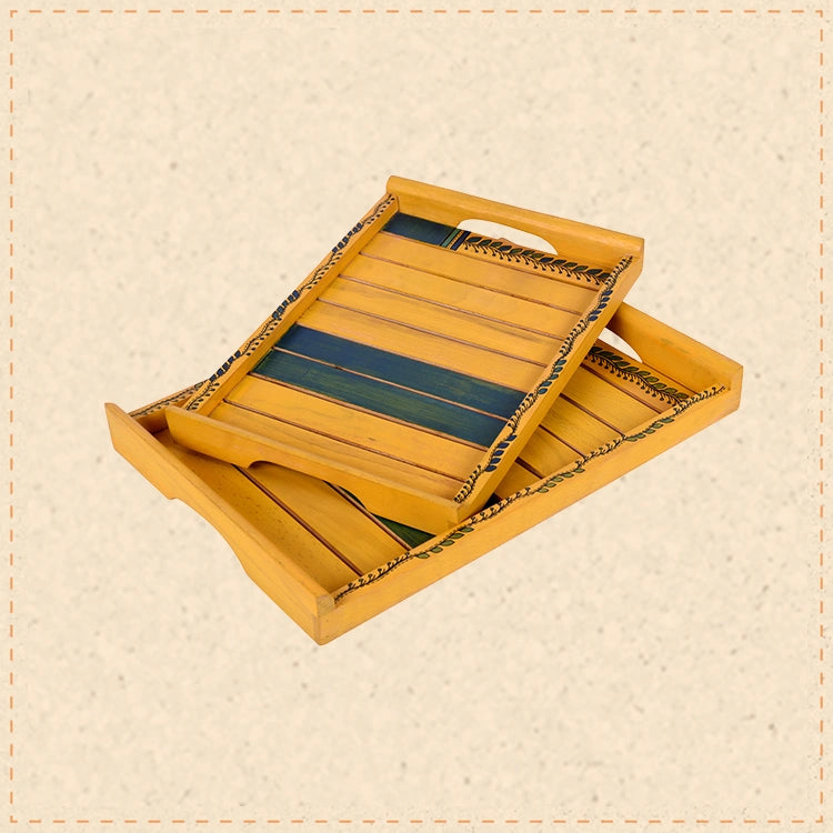 Trays in Yellow with Tribal Art Handcrafted in RoseWood (set of 2) (14x10/12x8")