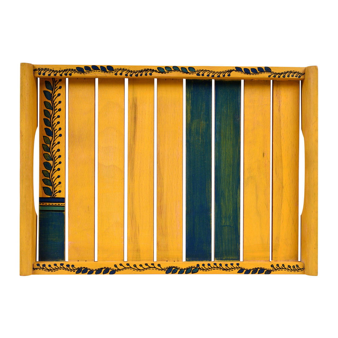 Trays in Yellow with Tribal Art Handcrafted in RoseWood (set of 2) (14x10/12x8")