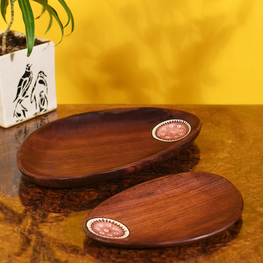 Trays in Oval Shape with Tribal Art Handcrafted in RoseWood (11x7")