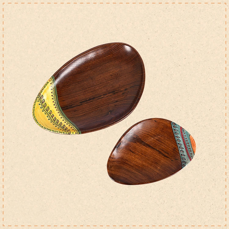 Trays in Oval Shape with Tribal Motifs Handcrafted in RoseWood (11x7")