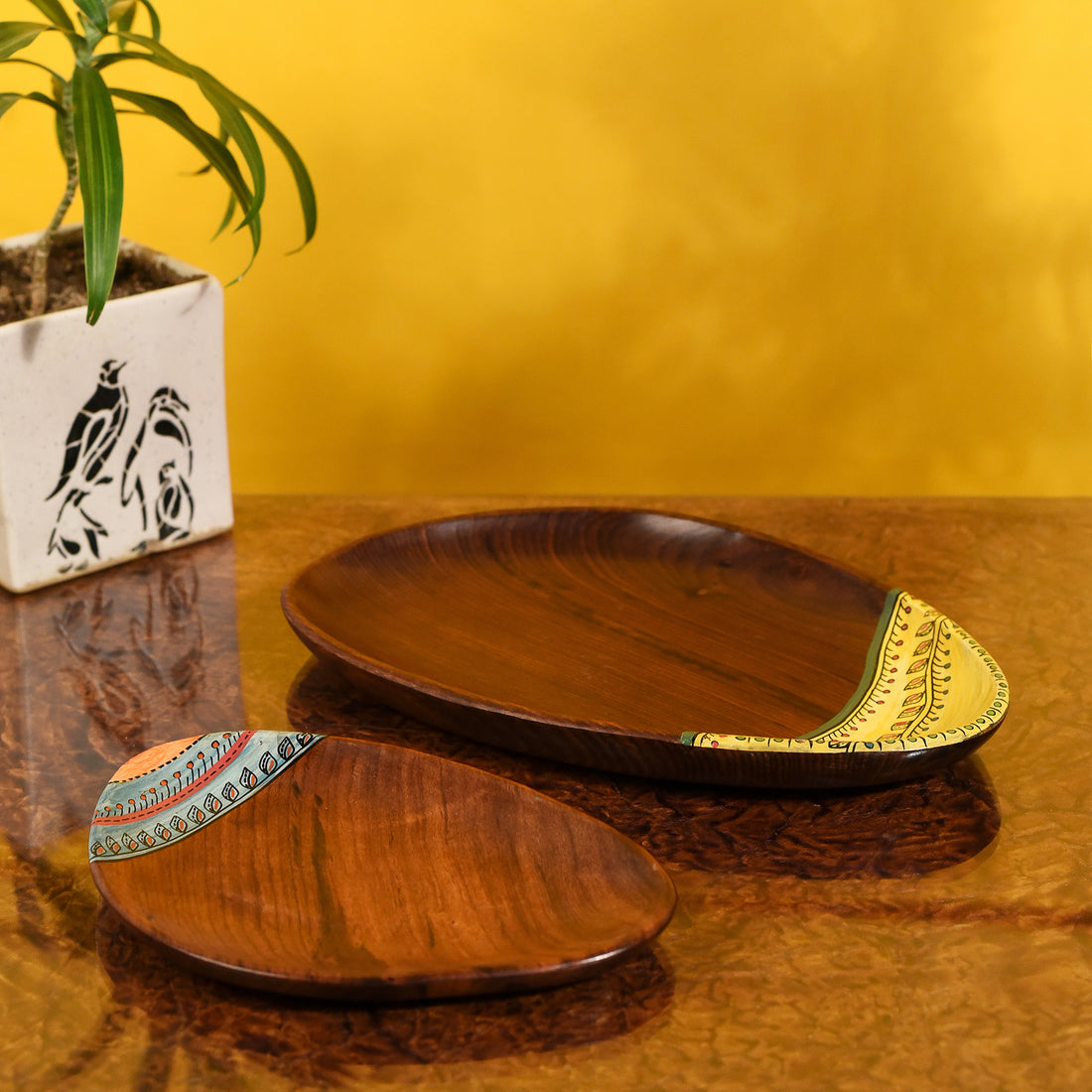 Trays in Oval Shape with Tribal Motifs Handcrafted in RoseWood (11x7")