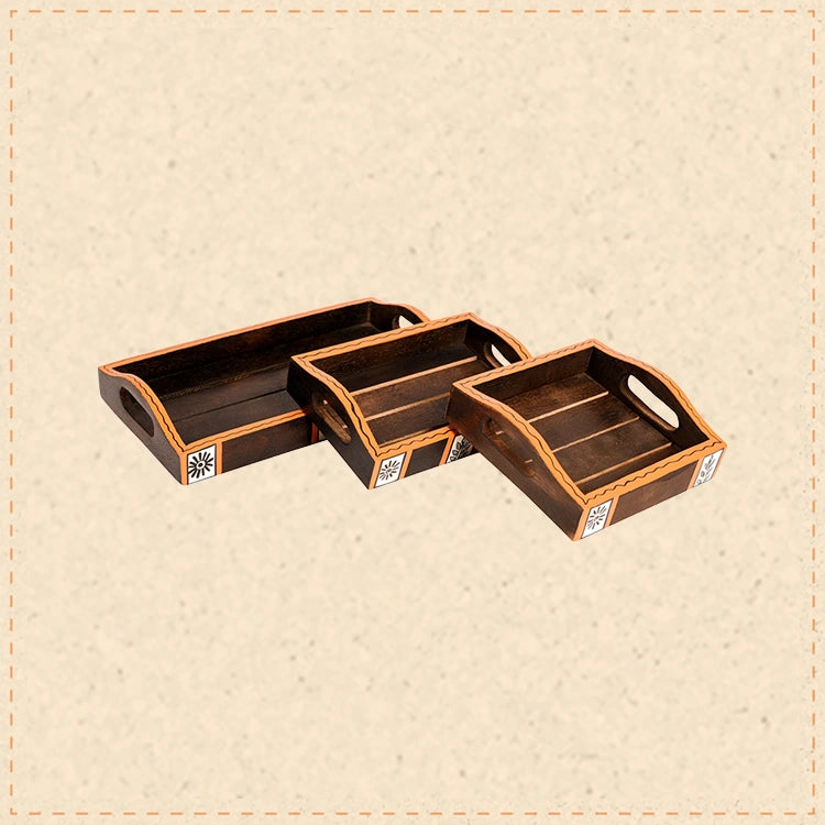 Trays with Tribal Art Handcrafted in MangoWood (set of 3) (9x5/6x4/5.5")