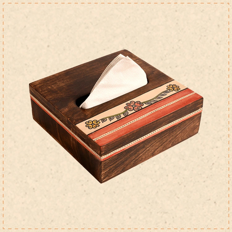 Tissue Box Handcrafted in Wood with Tribal Art Flower Design (7x7x2.5")