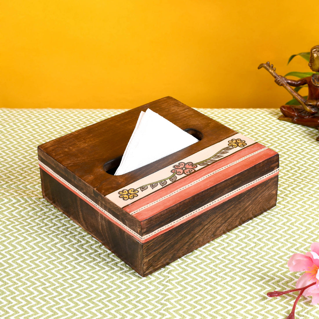 Tissue Box Handcrafted in Wood with Tribal Art Flower Design (7x7x2.5")