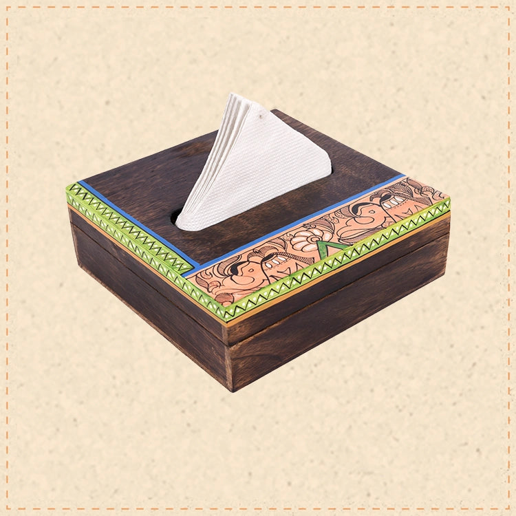 Tissue Box Handcrafted in Wood with Madhubani Painting (7x7x2.5)