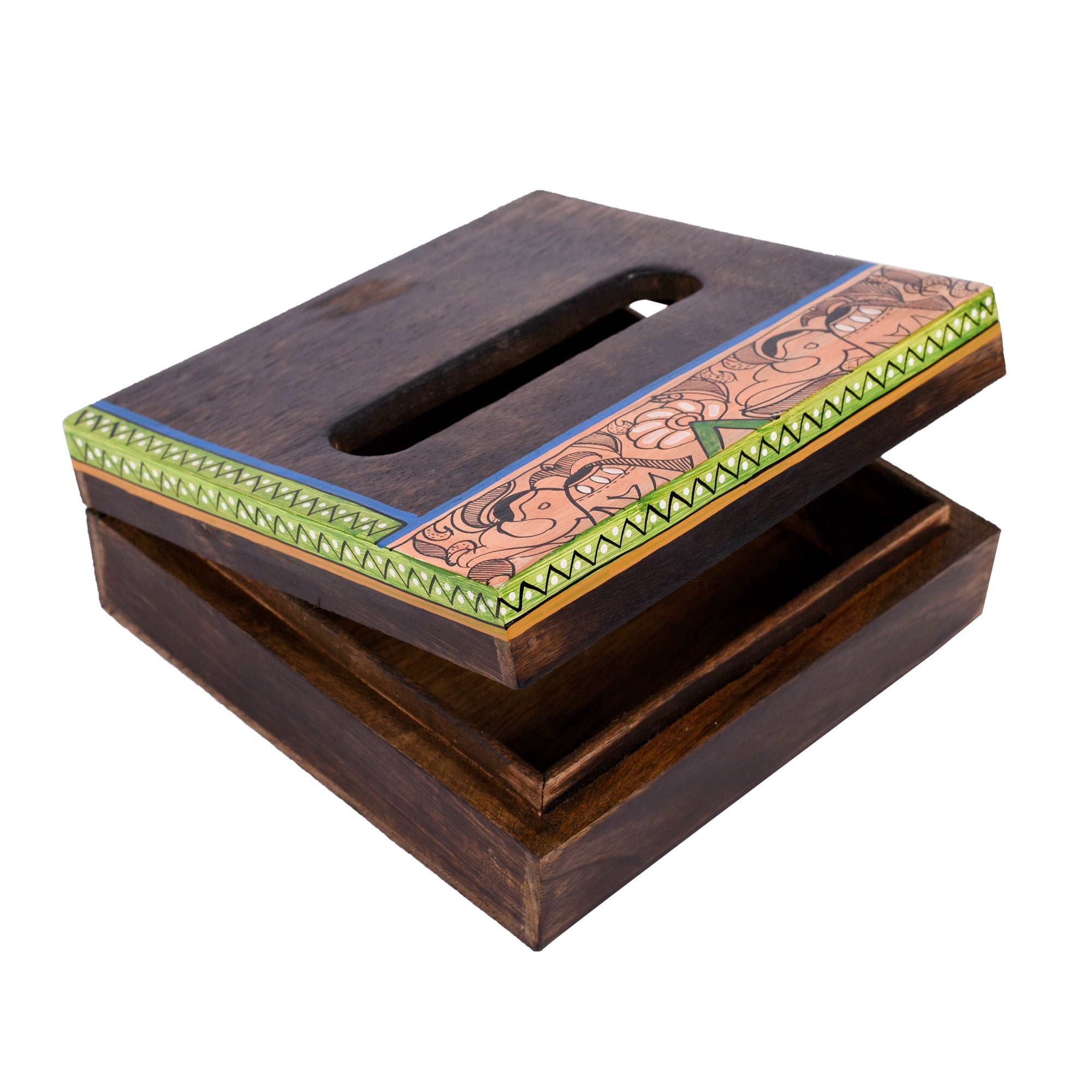 Tissue Box Handcrafted in Wood with Madhubani Painting (7x7x2.5)