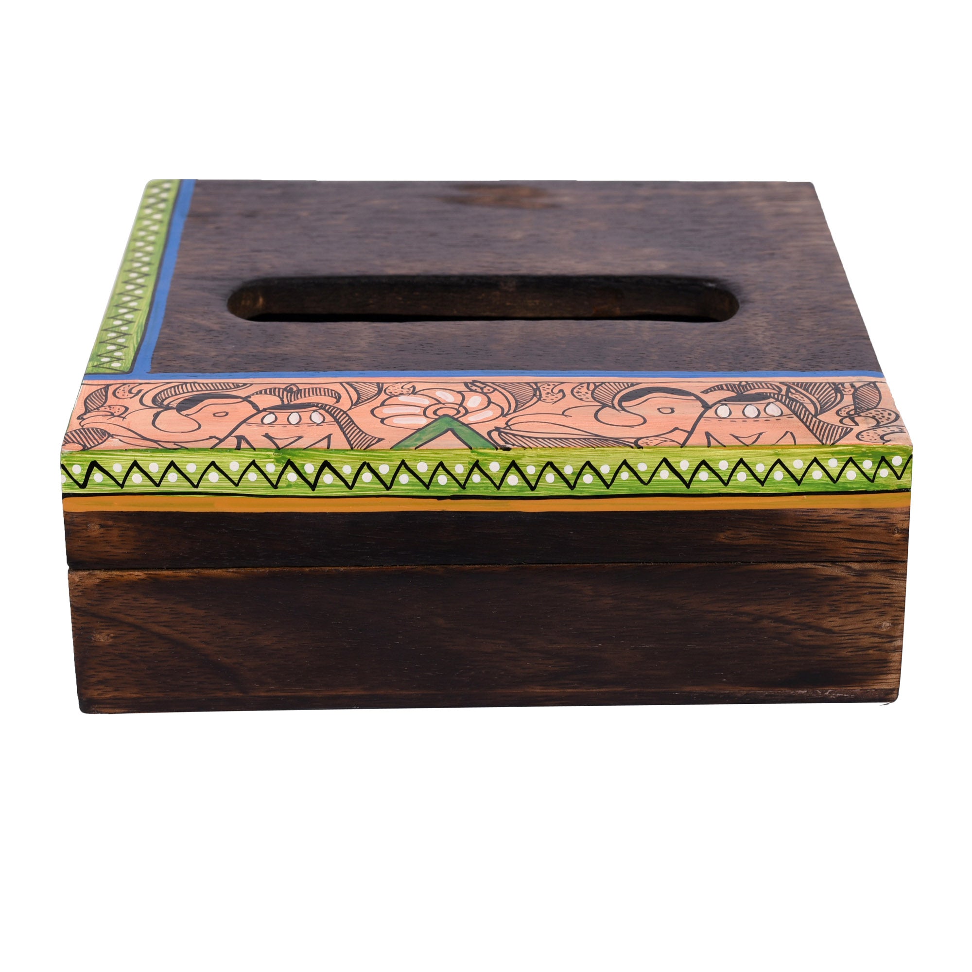 Tissue Box Handcrafted in Wood with Madhubani Painting (7x7x2.5)