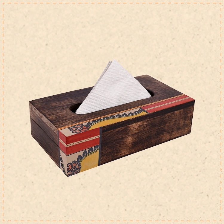 Tissue Box Handcrafted in Wood with Tribal Art Flower Design (9x5x2.5")