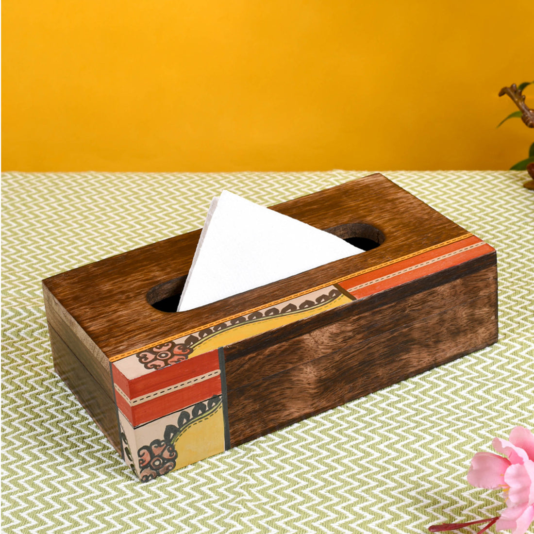 Tissue Box Handcrafted in Wood with Tribal Art Flower Design (9x5x2.5")