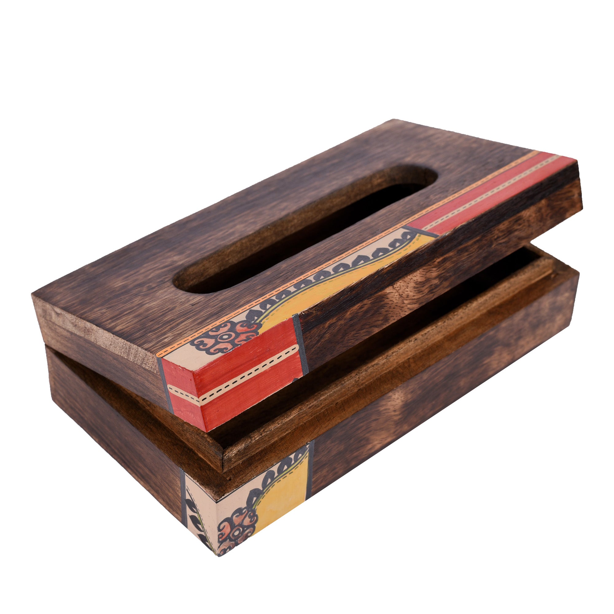 Tissue Box Handcrafted in Wood with Tribal Art Flower Design (9x5x2.5")