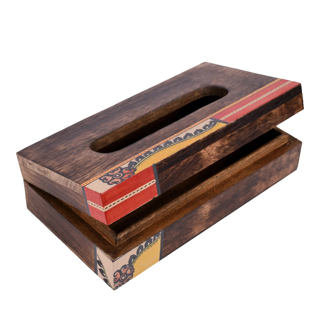 Tissue Box Handcrafted in Wood with Tribal Art Flower Design (9x5x2.5")