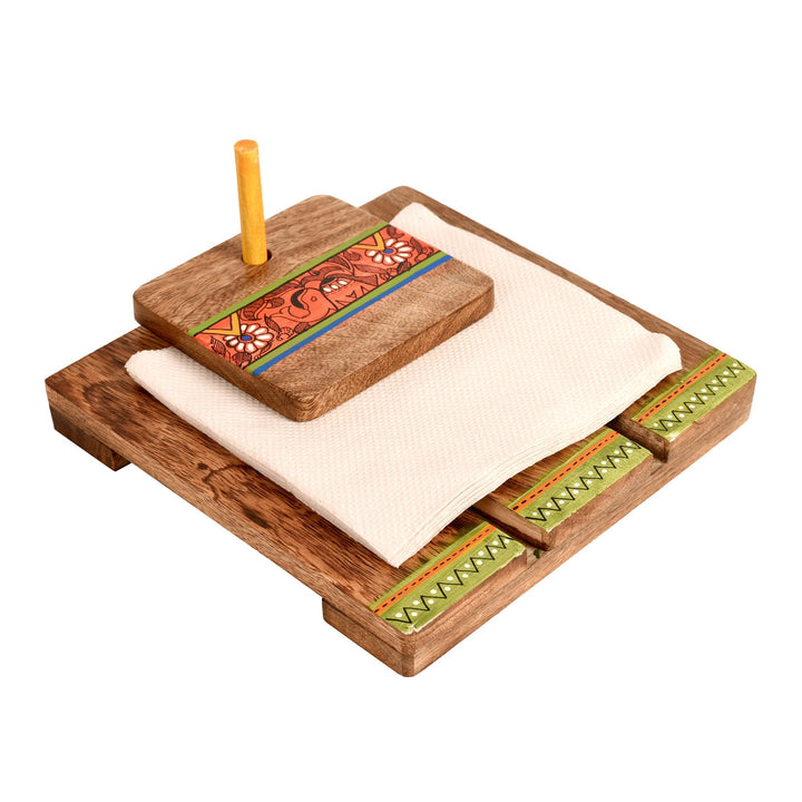 Tissue Holder Handcrafted in Wood with Tribal Art (7x7.4x3.5")