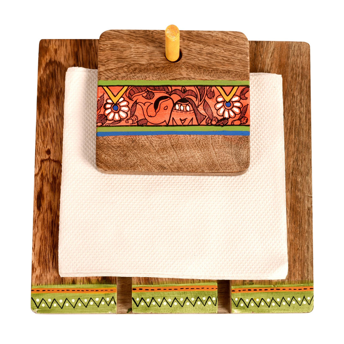 Tissue Holder Handcrafted in Wood with Tribal Art (7x7.4x3.5")