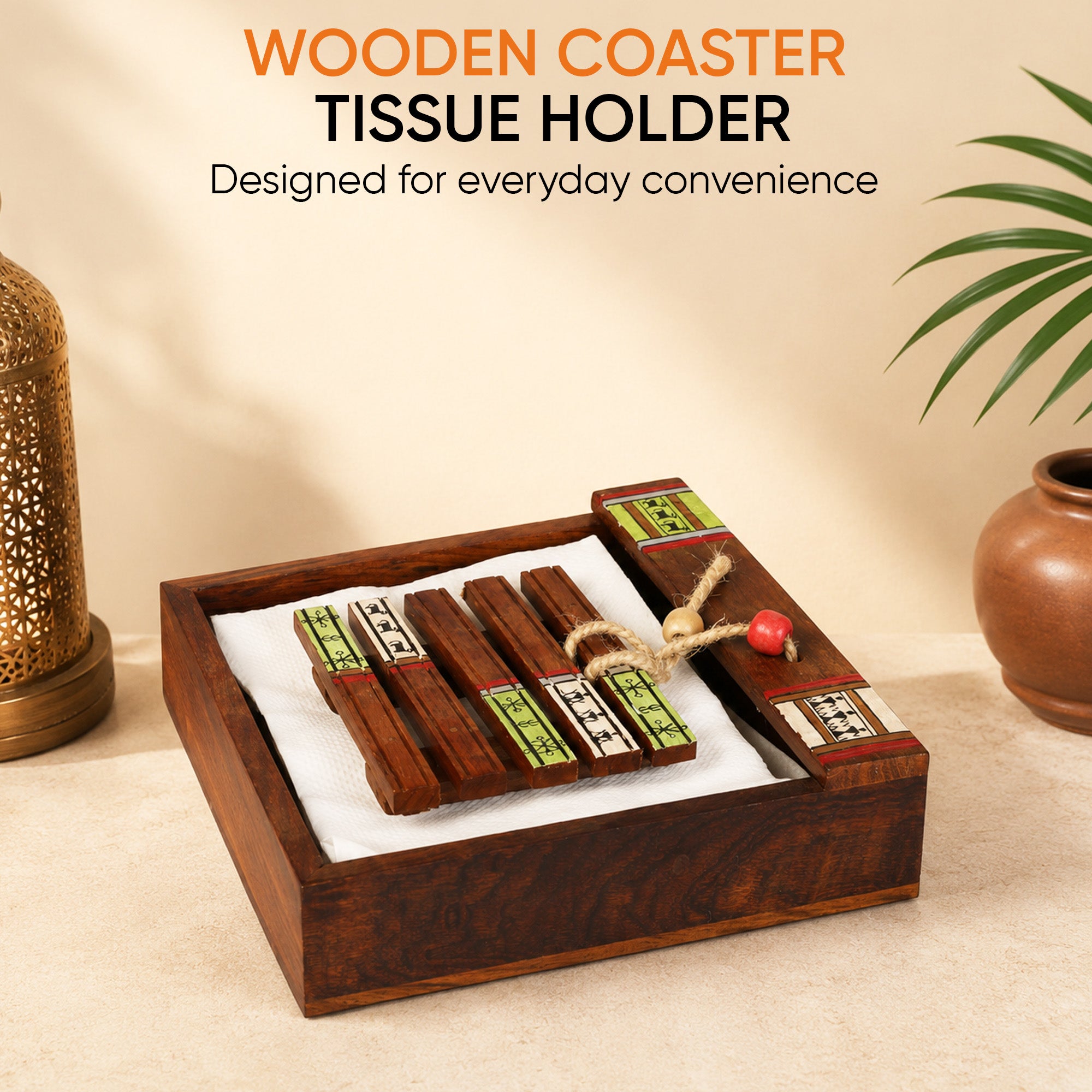 Tissue Holder with wooden Coaster Paper Weight (7x7x2.3)