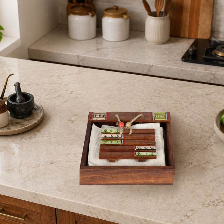 Tissue Holder with wooden Coaster Paper Weight (7x7x2.3)