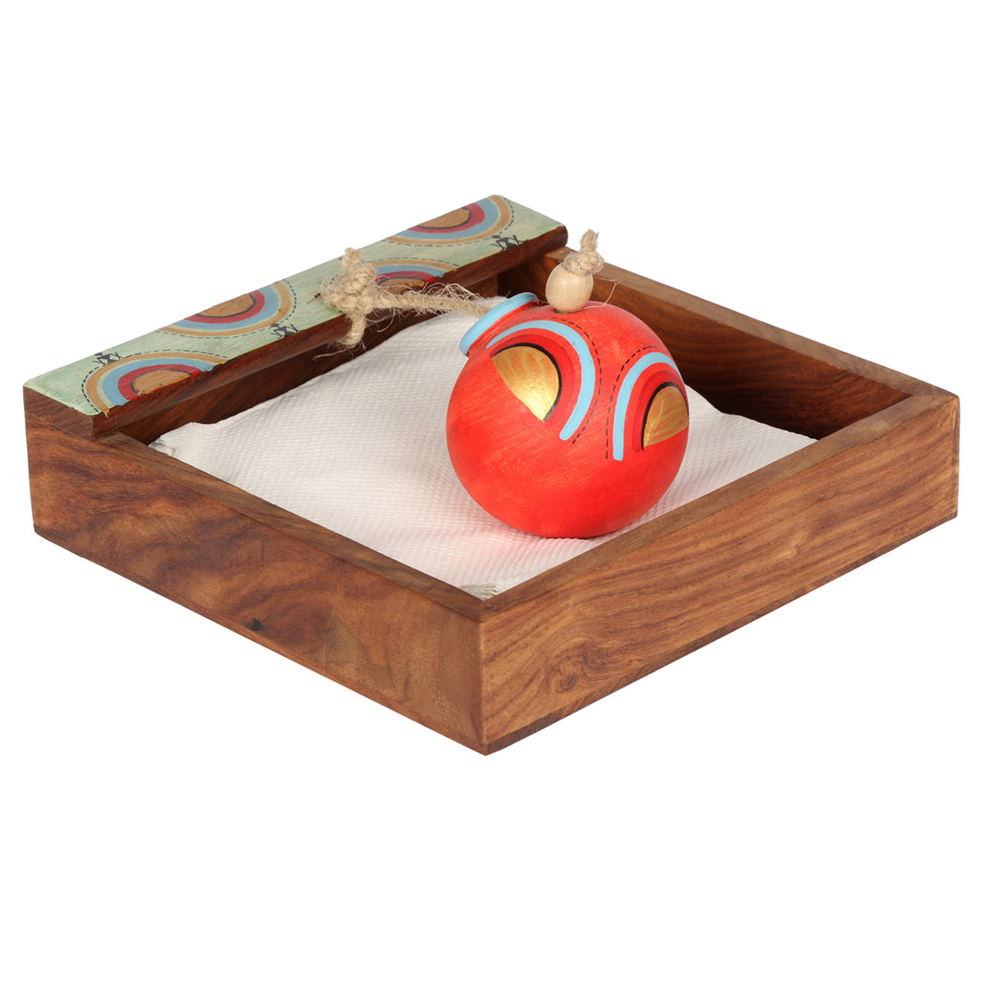 Tissue Holder in wood with Terracotta Pot paperweight Handpainted with Tribal Art (7x7x3)