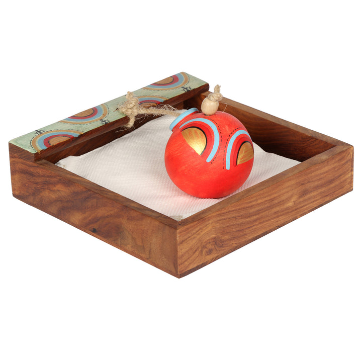 Tissue Holder in wood with Terracotta Pot paperweight Handpainted with Tribal Art (7x7x3)