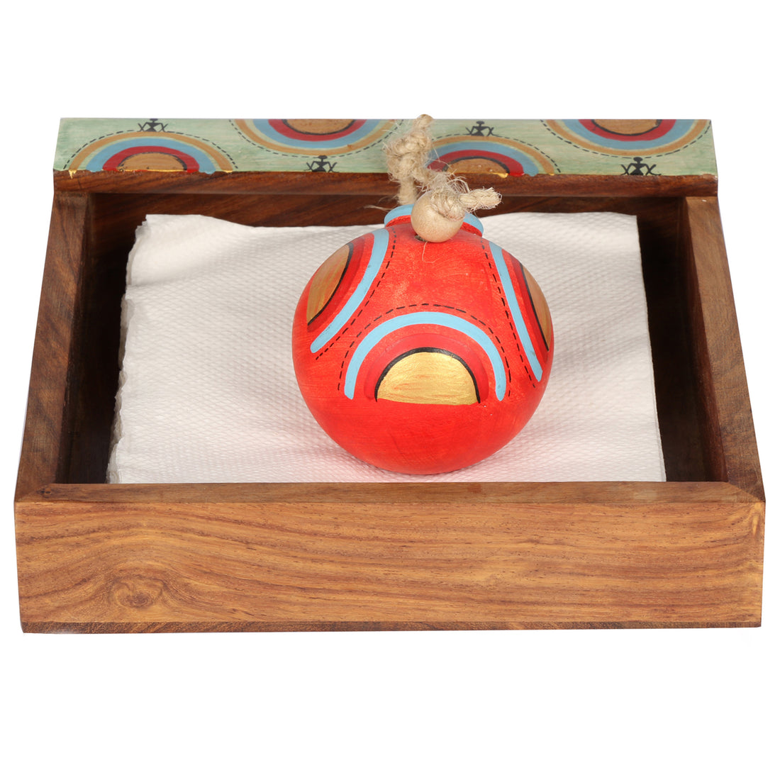 Tissue Holder in wood with Terracotta Pot paperweight Handpainted with Tribal Art (7x7x3)