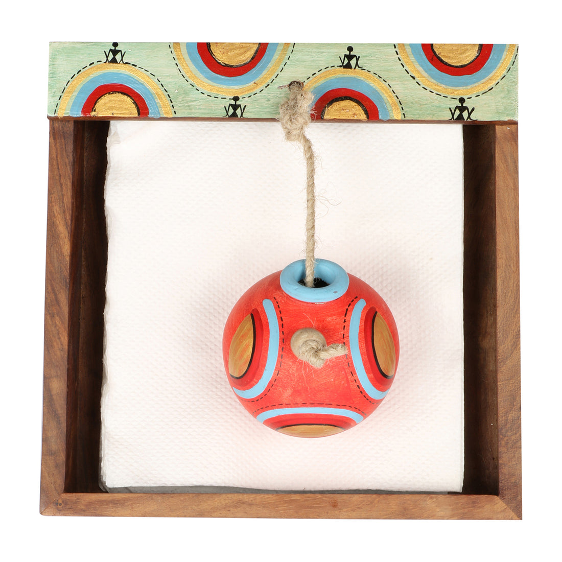 Tissue Holder in wood with Terracotta Pot paperweight Handpainted with Tribal Art (7x7x3)