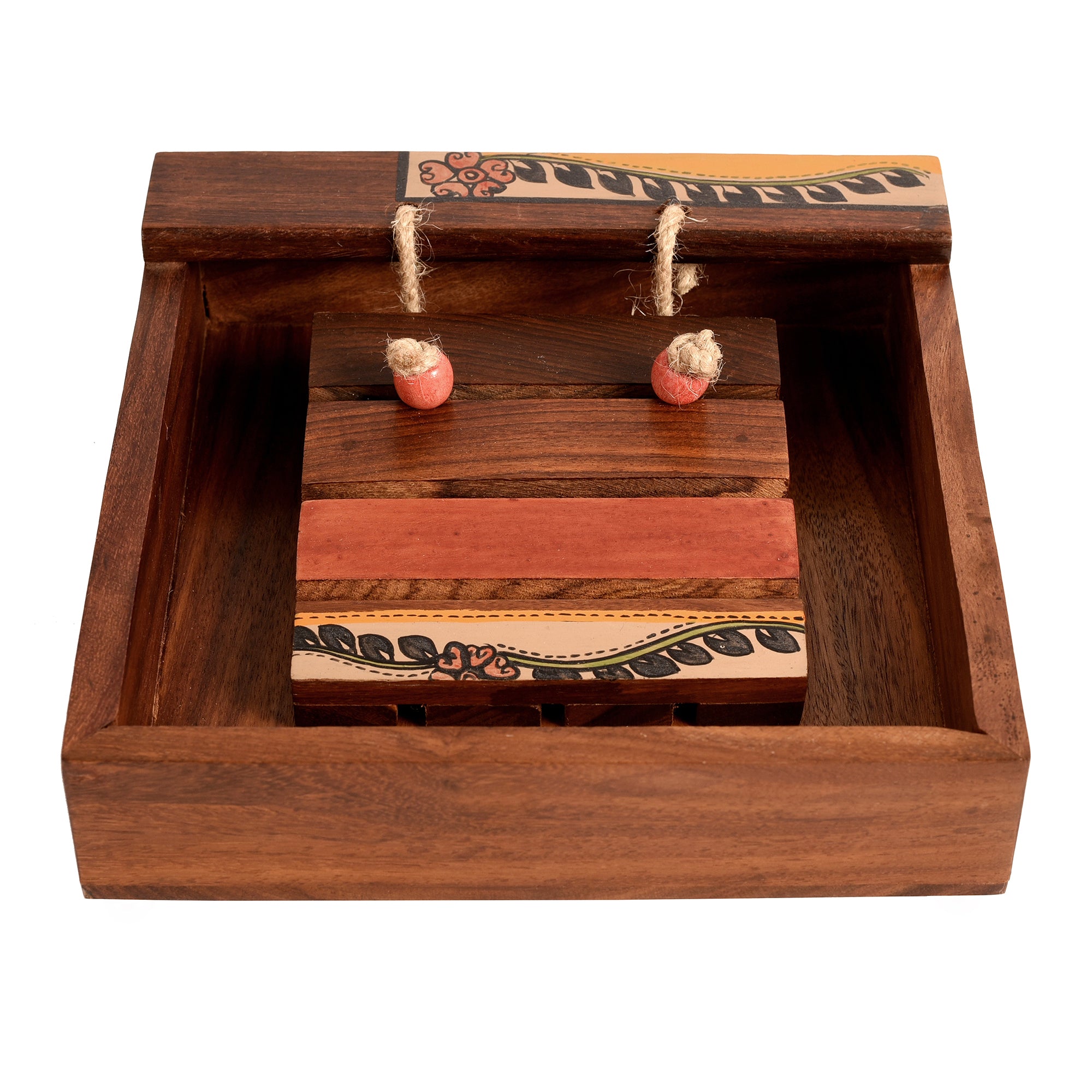 Tissue Holder with Coaster Design Handcrafted in Wood with Tribal Art (7x7x2)