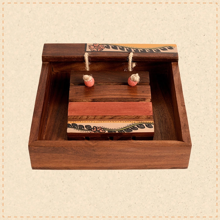 Tissue Holder with Coaster Design Handcrafted in Wood with Tribal Art (7x7x2)