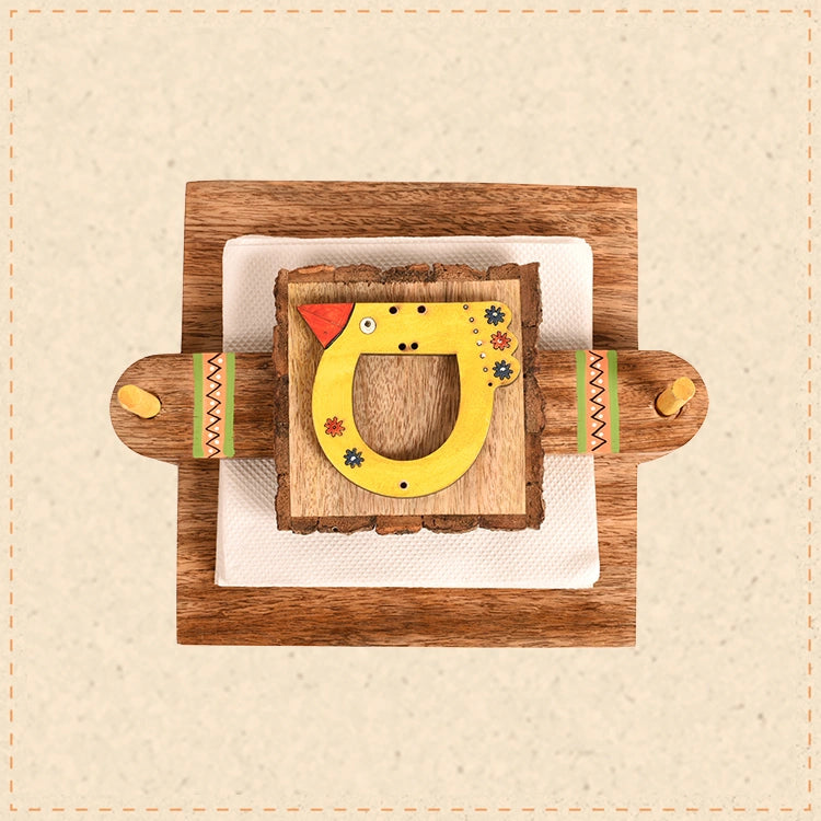 Tissue Holder with Bird Design Handcrafted in Wood with Tribal Art (9.5x7.5x3.5)
