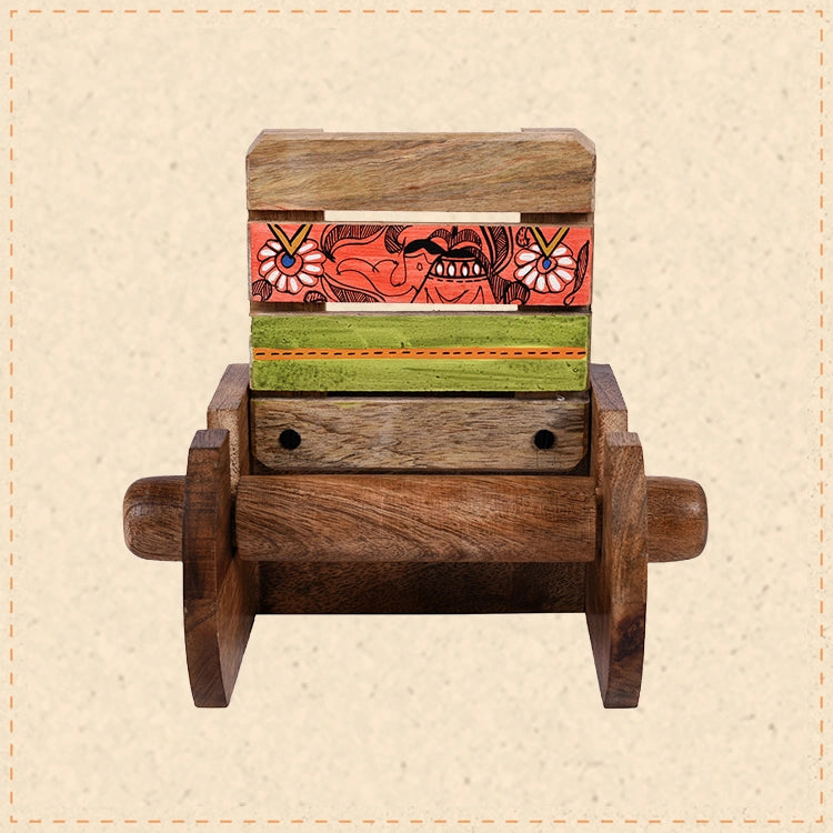 Tissue Roll/Towel Holder Handcrafted in Wood with Madhubani Art (5x4x6.5")